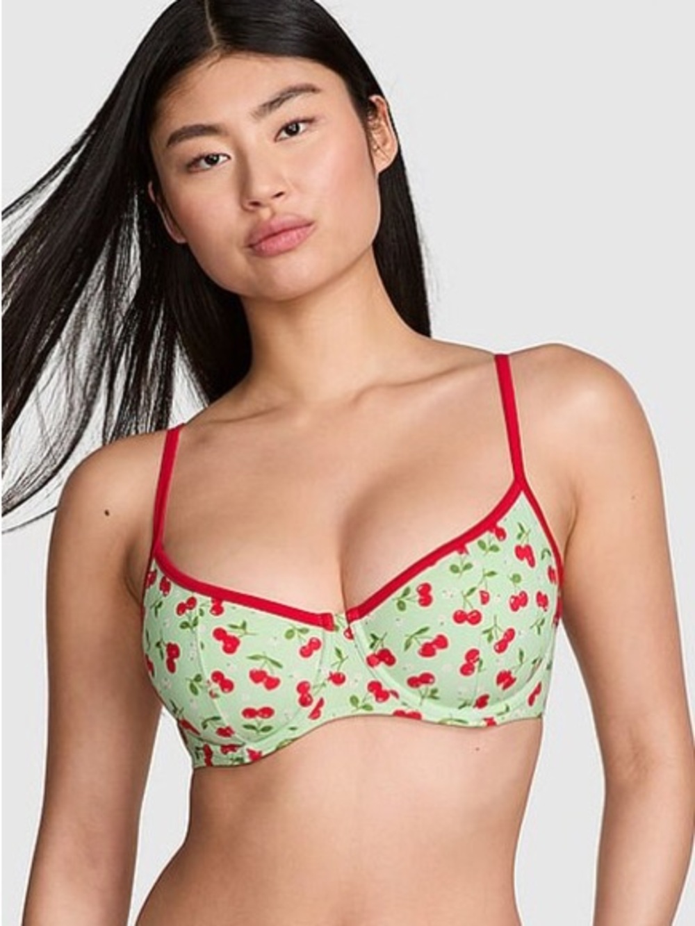 Cherry Hearts Green Wired Bikini Top